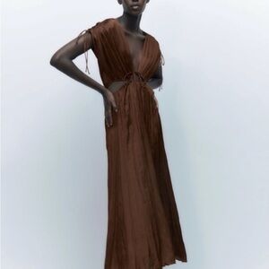 Zara Brown Satin Effect Chocolate Brown Cut Out Dress Maxi size Small